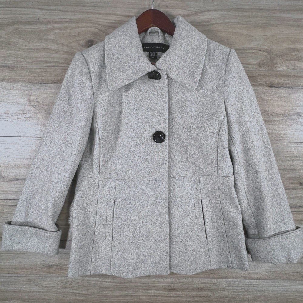 Apostrophe Womens Gray Wool Blend Pea Coat Sz Medium Two Button Cuffed Sleeves